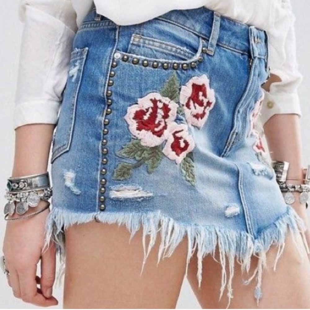 Free People Wild Rose Ember Denim Mini Skirt